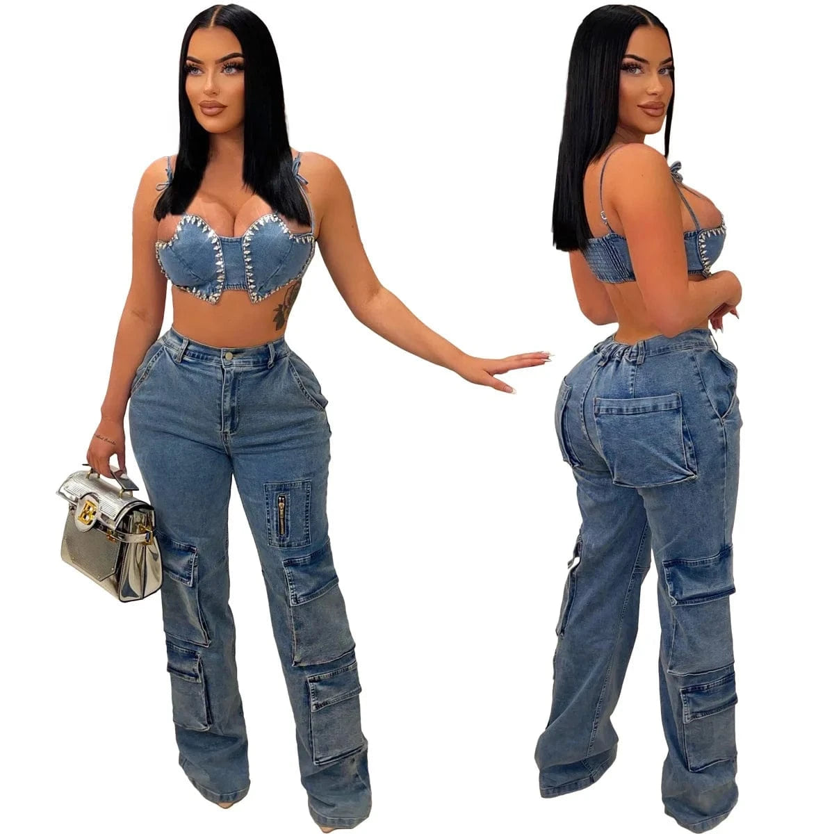 loose denim multi pocket cargo pants and chest wrap bra two suit women custom summer 2023
