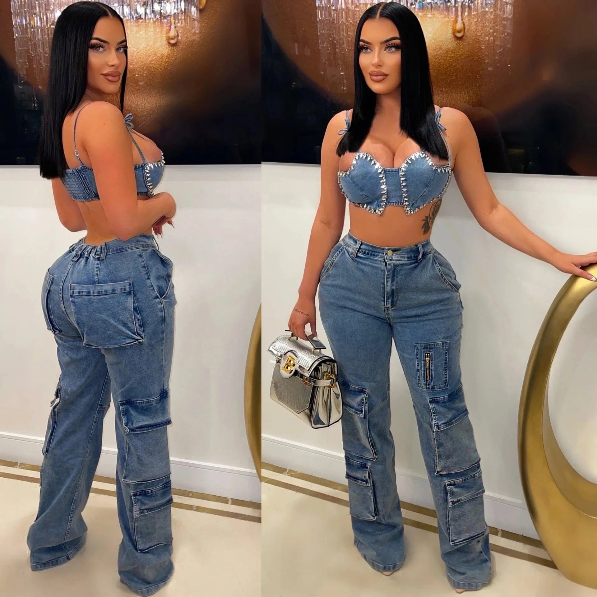 loose denim multi pocket cargo pants and chest wrap bra two suit women custom summer 2023
