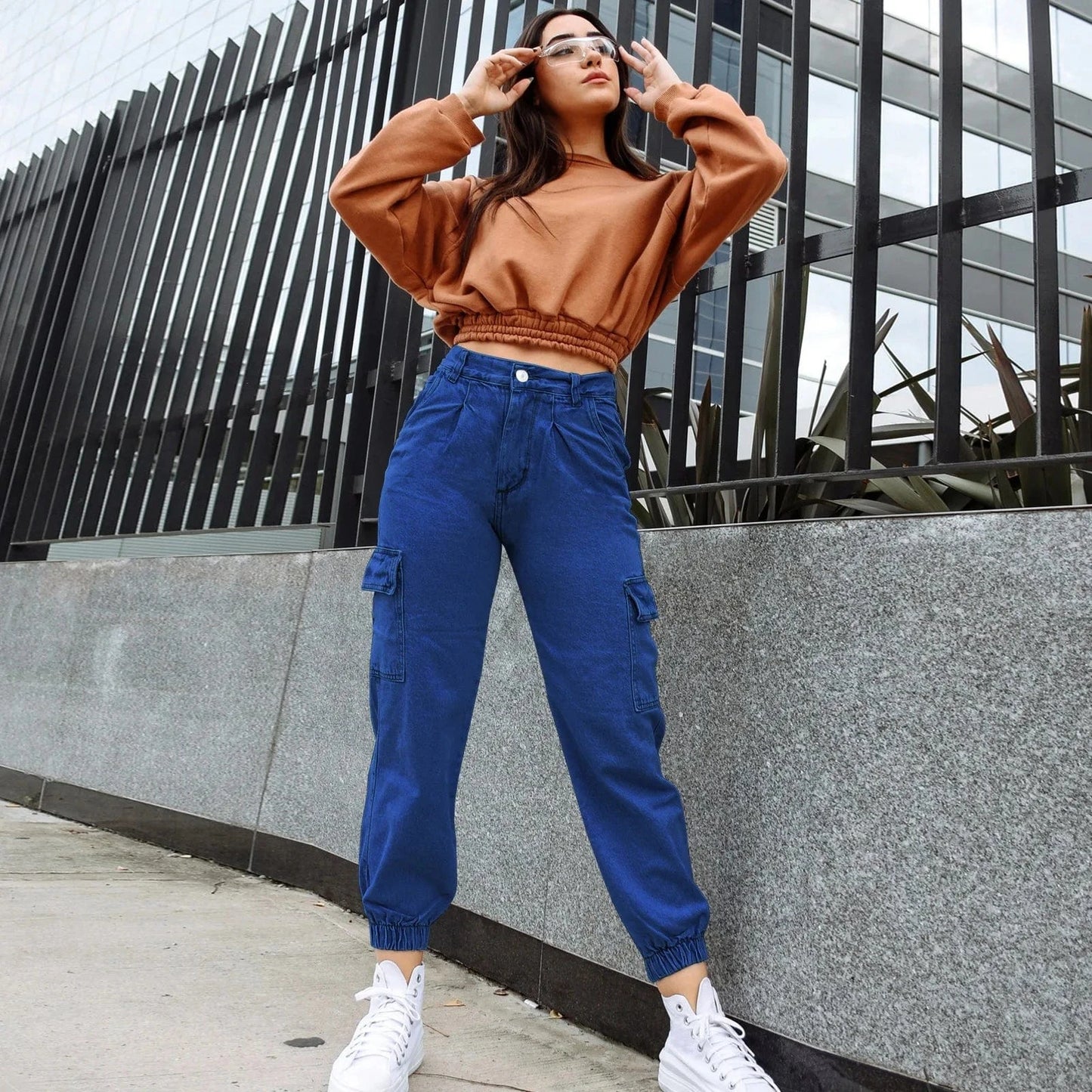 loose multi-pocket jeans Stretch fabric elasticated cuffs denim fabric Pants