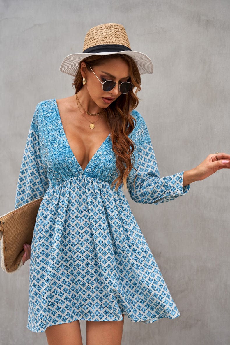 Low Moq American Clothing Wholesale Vestido Women Vintage Floral Print V Neck Cut-Out Ruffle Mini Bohemian Boho Dress
