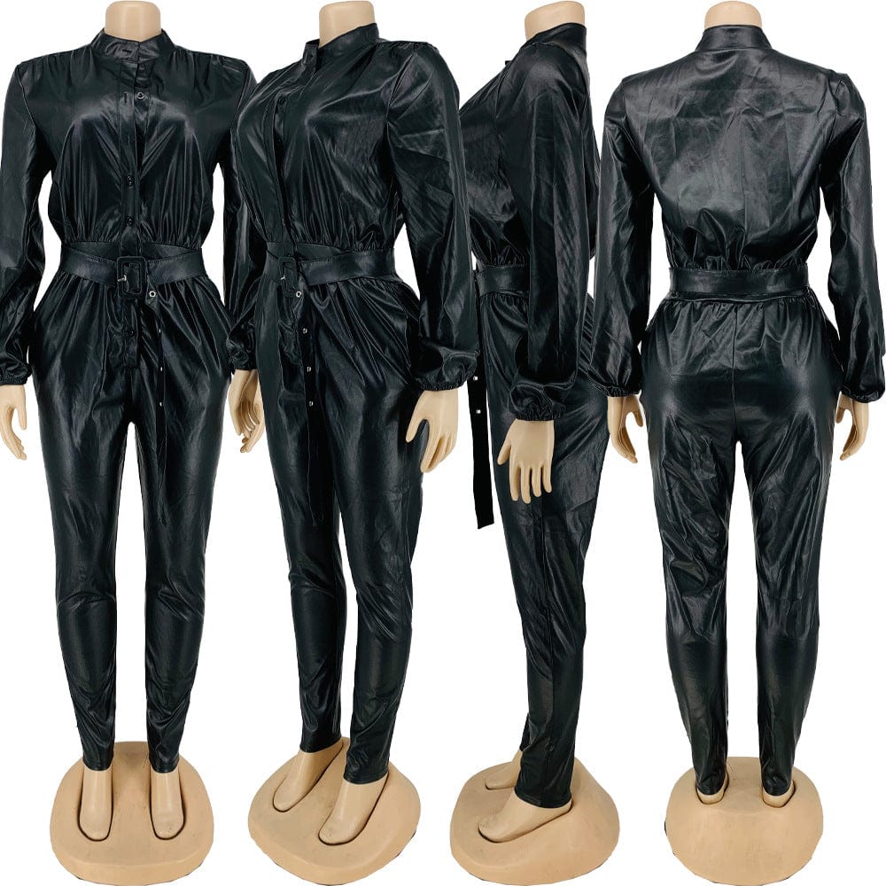 LQ-057 Pu Leather Women'S Button Belt Casual Jumpsuits And Rompers
