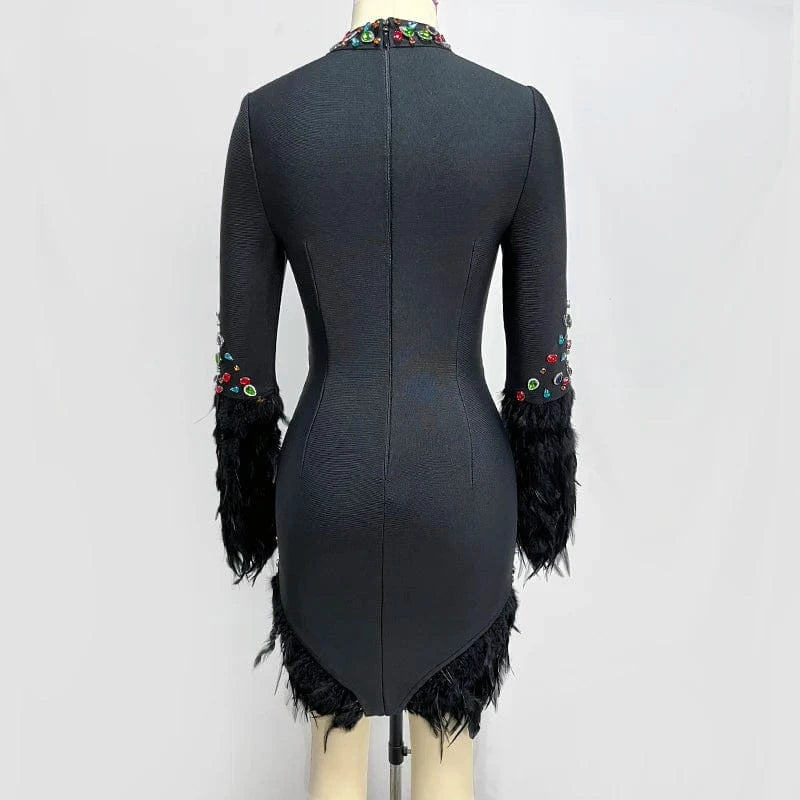 LS2366 New Arrival High Fashion Party Dresses Women Short Elegant Evening Dresses Feather Bandage Dress