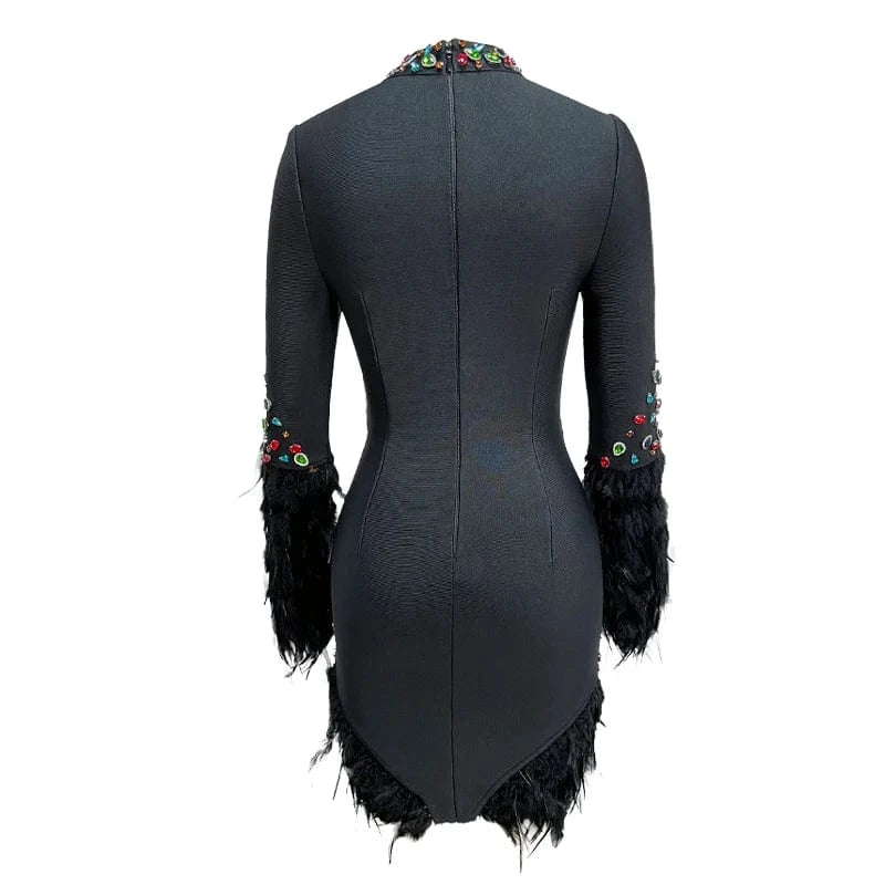 LS2366 New Arrival High Fashion Party Dresses Women Short Elegant Evening Dresses Feather Bandage Dress