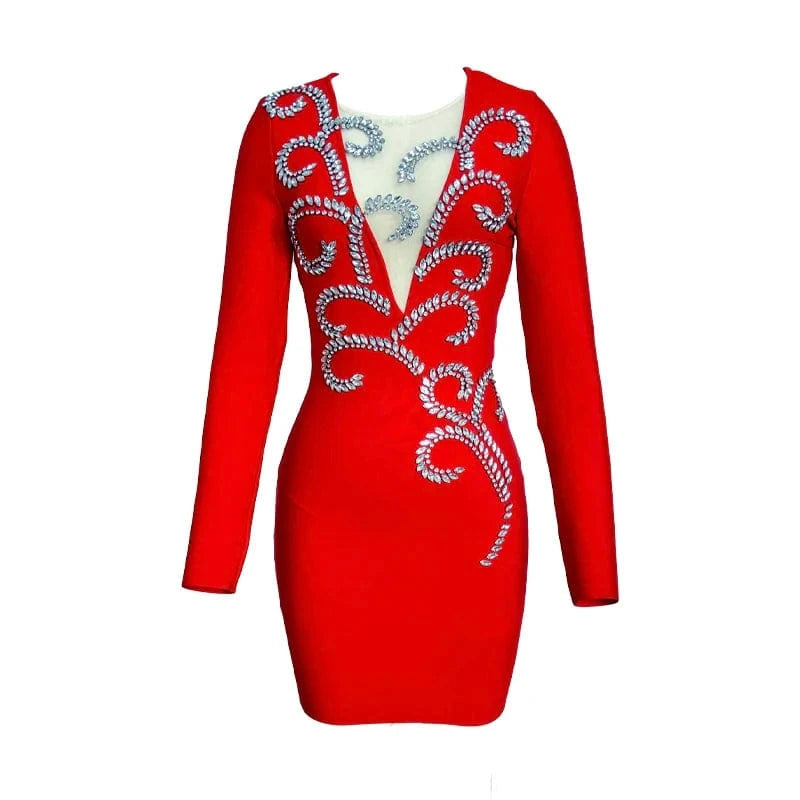 LS2367 Kimshein High Quality Bandage Dresses Long Sleeve V Neck Dress Rhinestone Dress  For Women Party