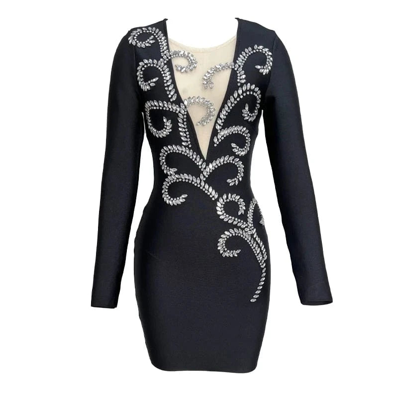 LS2367 Kimshein High Quality Bandage Dresses Long Sleeve V Neck Dress Rhinestone Dress  For Women Party