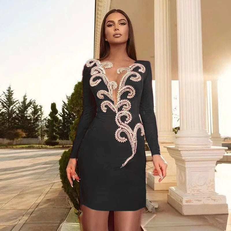 LS2367 Kimshein High Quality Bandage Dresses Long Sleeve V Neck Dress Rhinestone Dress  For Women Party