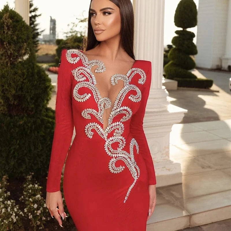 LS2367 Kimshein High Quality Bandage Dresses Long Sleeve V Neck Dress Rhinestone Dress  For Women Party