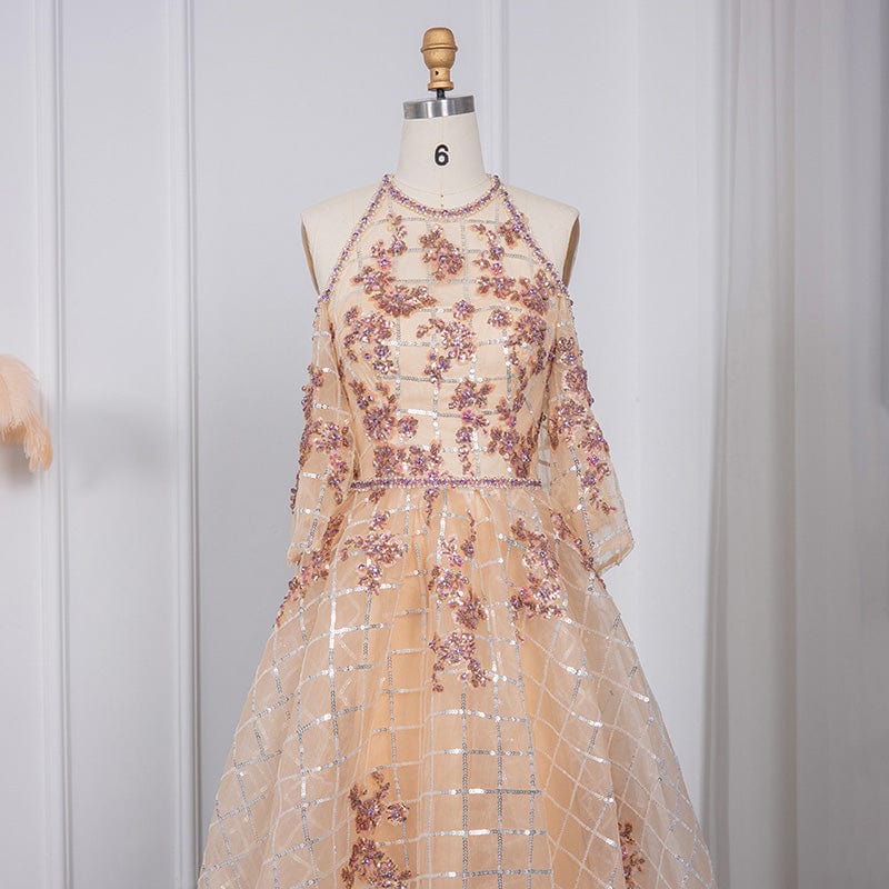 Lscz175 Sparkly Champagne Dubai Short Front Long Back Evening Dress Luxury High Low Arabic Women Wedding Party Gowns