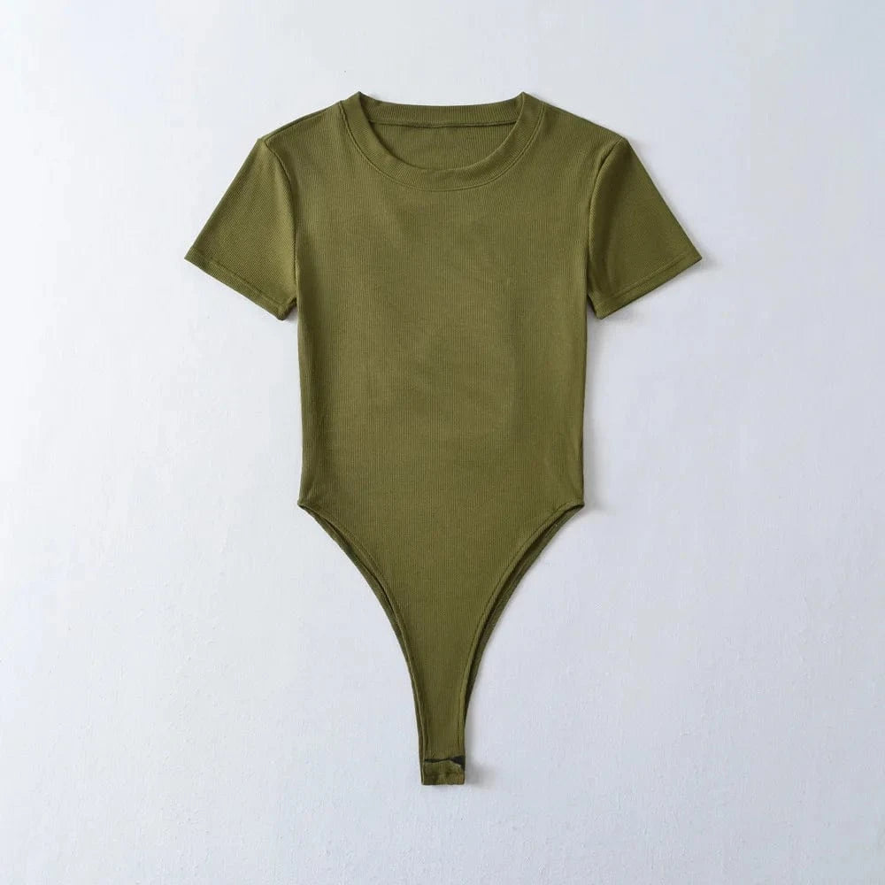 LULU Basic Classic Cotton Elastic rib stretchy back hollow out crew neck short sleeve under shape wear bodysuits for women
