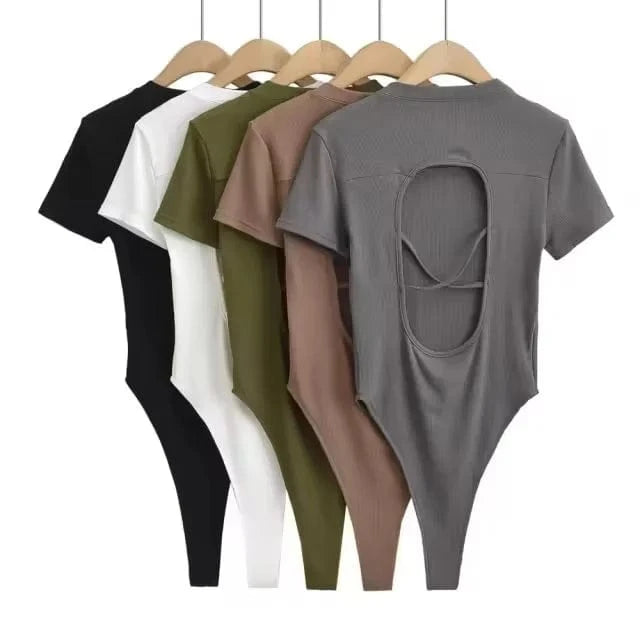 LULU Basic Classic Cotton Elastic rib stretchy back hollow out crew neck short sleeve under shape wear bodysuits for women