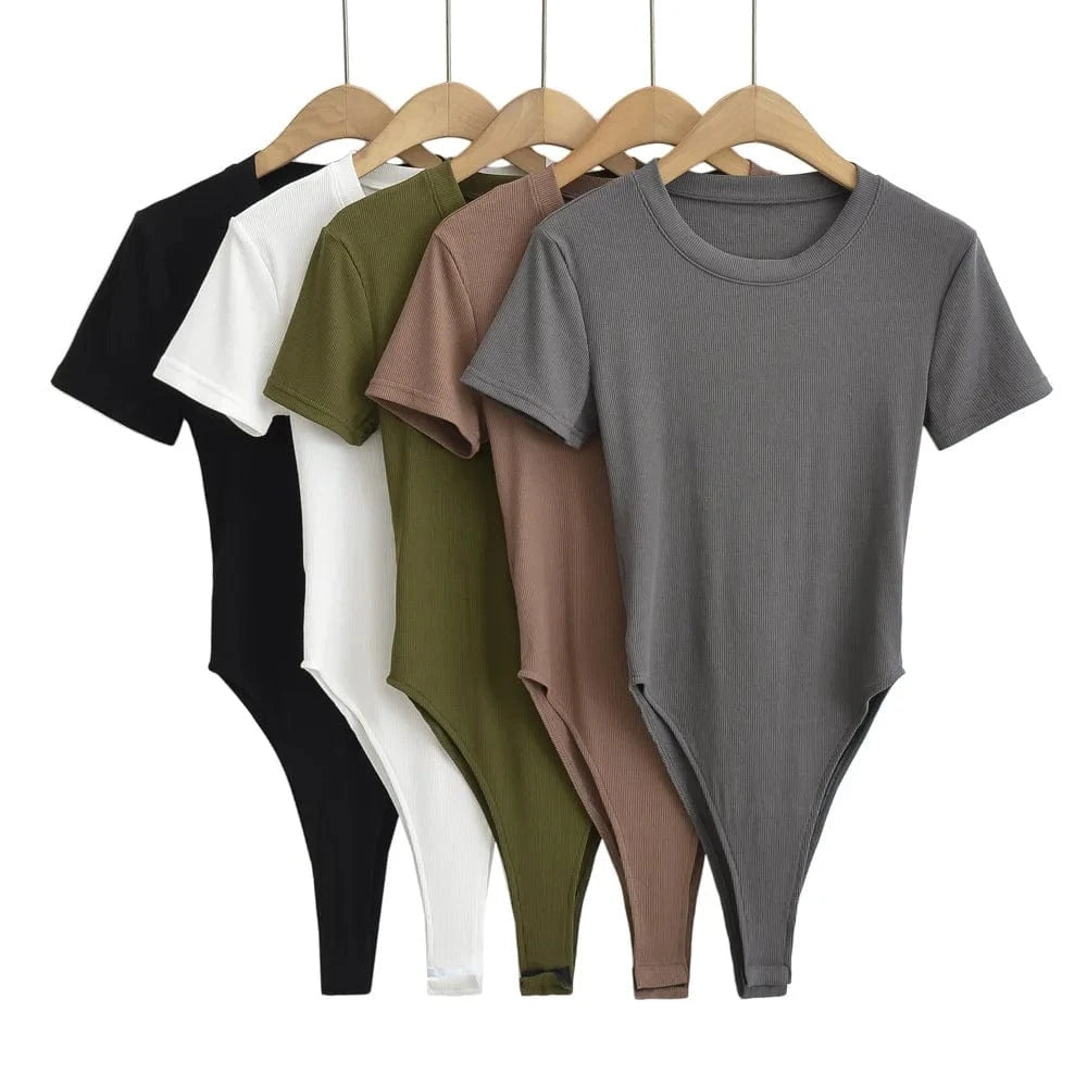 LULU Basic Classic Cotton Elastic rib stretchy back hollow out crew neck short sleeve under shape wear bodysuits for women