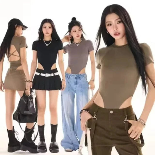 LULU Basic Classic Cotton Elastic rib stretchy back hollow out crew neck short sleeve under shape wear bodysuits for women