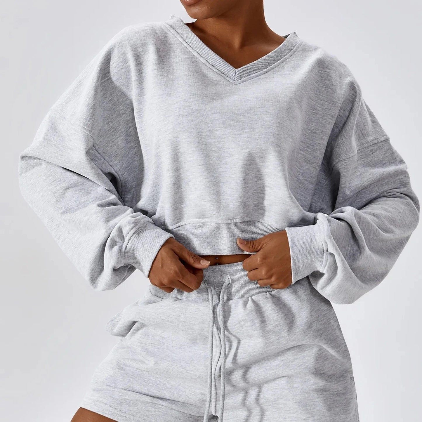 LULUXIXIYAYA Cotton Sport wear suits custom logo cotton oversized V neck hooded sweatshirt Women Fall two piece shorts sets