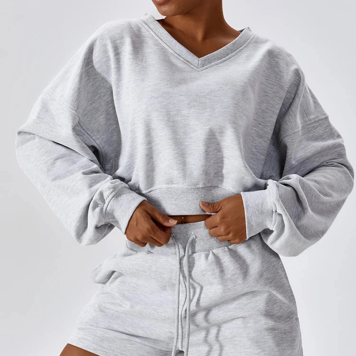 LULUXIXIYAYA Cotton Sport wear suits custom logo cotton oversized V neck hooded sweatshirt Women Fall two piece shorts sets