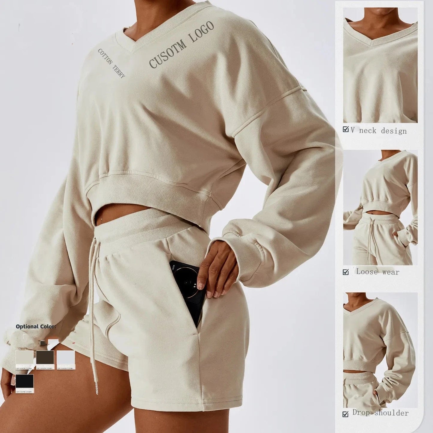 LULUXIXIYAYA Cotton Sport wear suits custom logo cotton oversized V neck hooded sweatshirt Women Fall two piece shorts sets