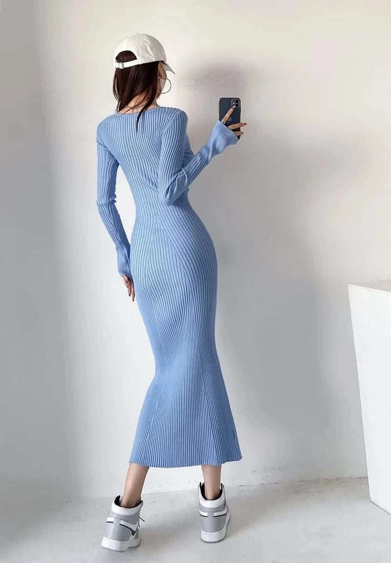 Luluxixiyaya Women V neck  Mermaid sexy bottom wrap hip skirt Bodycon Maxi Sweater Dress