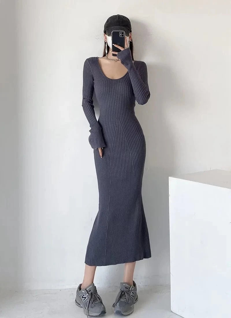 Luluxixiyaya Women V neck  Mermaid sexy bottom wrap hip skirt Bodycon Maxi Sweater Dress