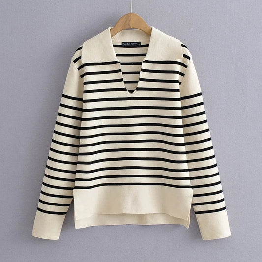 Luluxixiyaya Women V neck Sailor Collar Pullover Stripe design Sweater