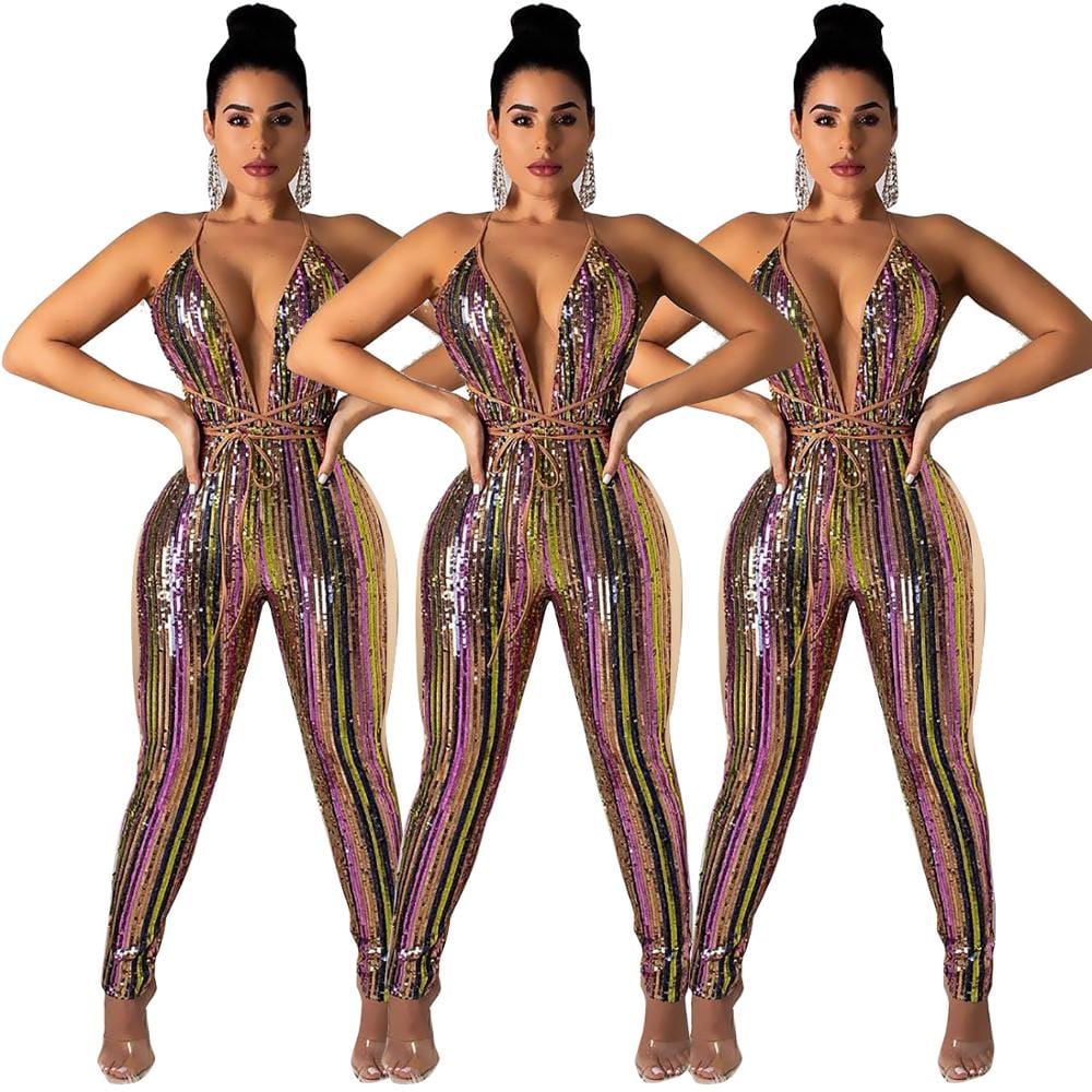 lure Striped sequined mutilcolored deep v backless patchwork clubwear jumpsuit