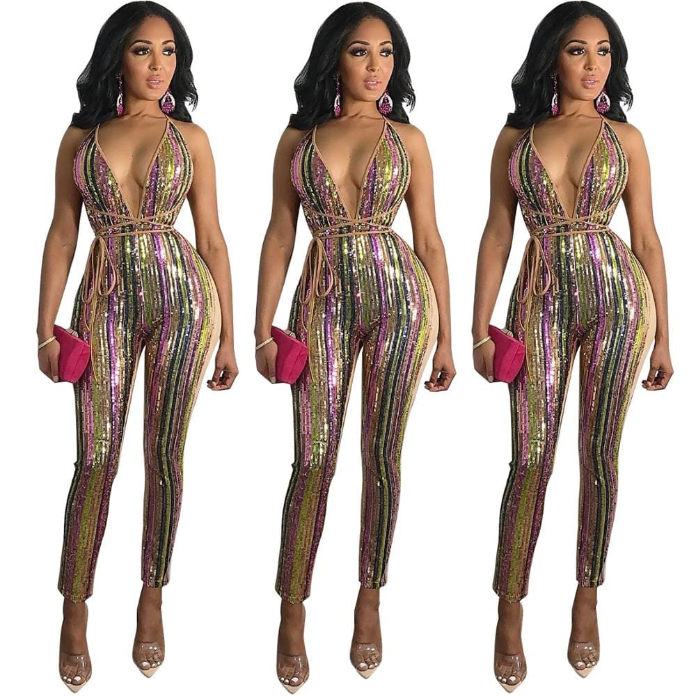 lure Striped sequined mutilcolored deep v backless patchwork clubwear jumpsuit