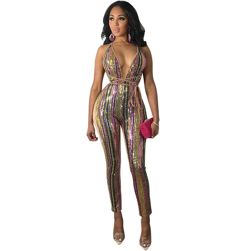 lure Striped sequined mutilcolored deep v backless patchwork clubwear jumpsuit