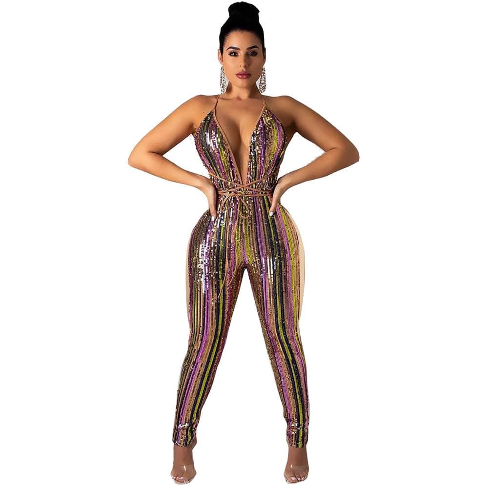 lure Striped sequined mutilcolored deep v backless patchwork clubwear jumpsuit