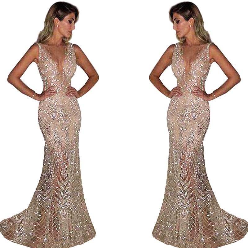 Luxurious Sparkling Prom Dress V Neck Perspective Sequins Mermaid Evening Dress Party Dress  Performance Clothing
