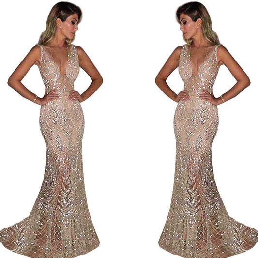 Luxurious Sparkling Prom Dress V Neck Perspective Sequins Mermaid Evening Dress Party Dress  Performance Clothing