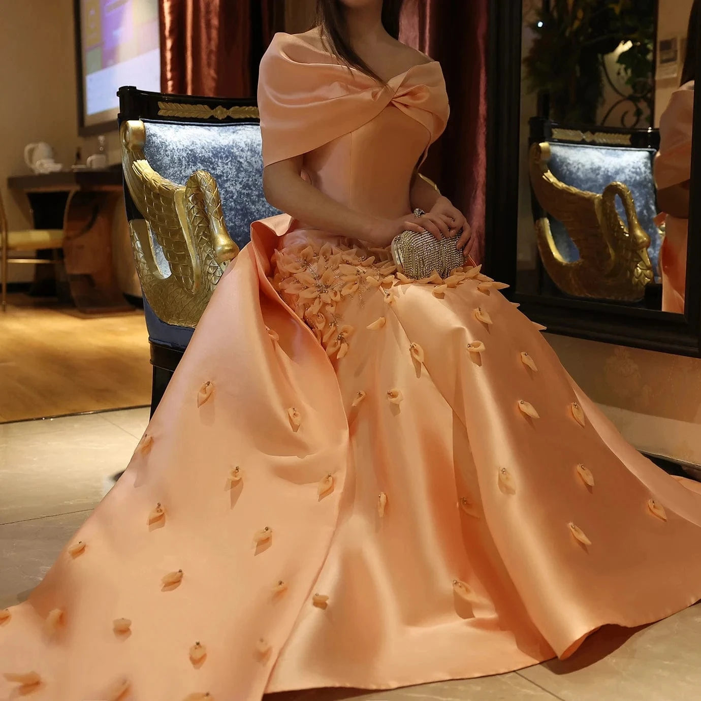 Luxury 3D Flowers Blush Pink Satin Mermaid Evening Dress Elegant Off Shoulder Women Wedding Prom Party Gowns Sz464