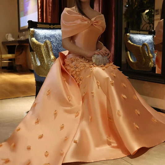 Luxury 3D Flowers Blush Pink Satin Mermaid Evening Dress Elegant Off Shoulder Women Wedding Prom Party Gowns Sz464