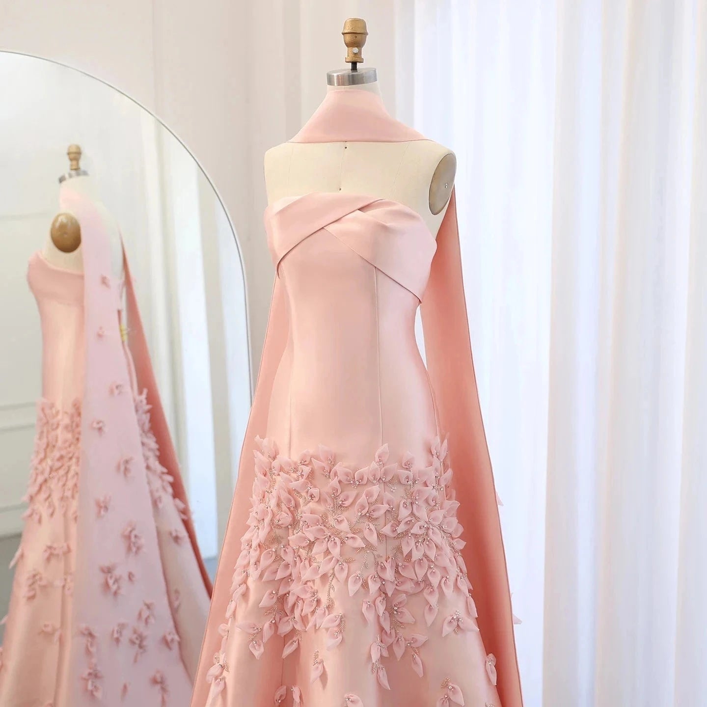 Luxury 3D Leaves Blush Pink Satin Mermaid Evening Dress With Cape Dubai Arabic Women Wedding Prom Party Gowns Sz463