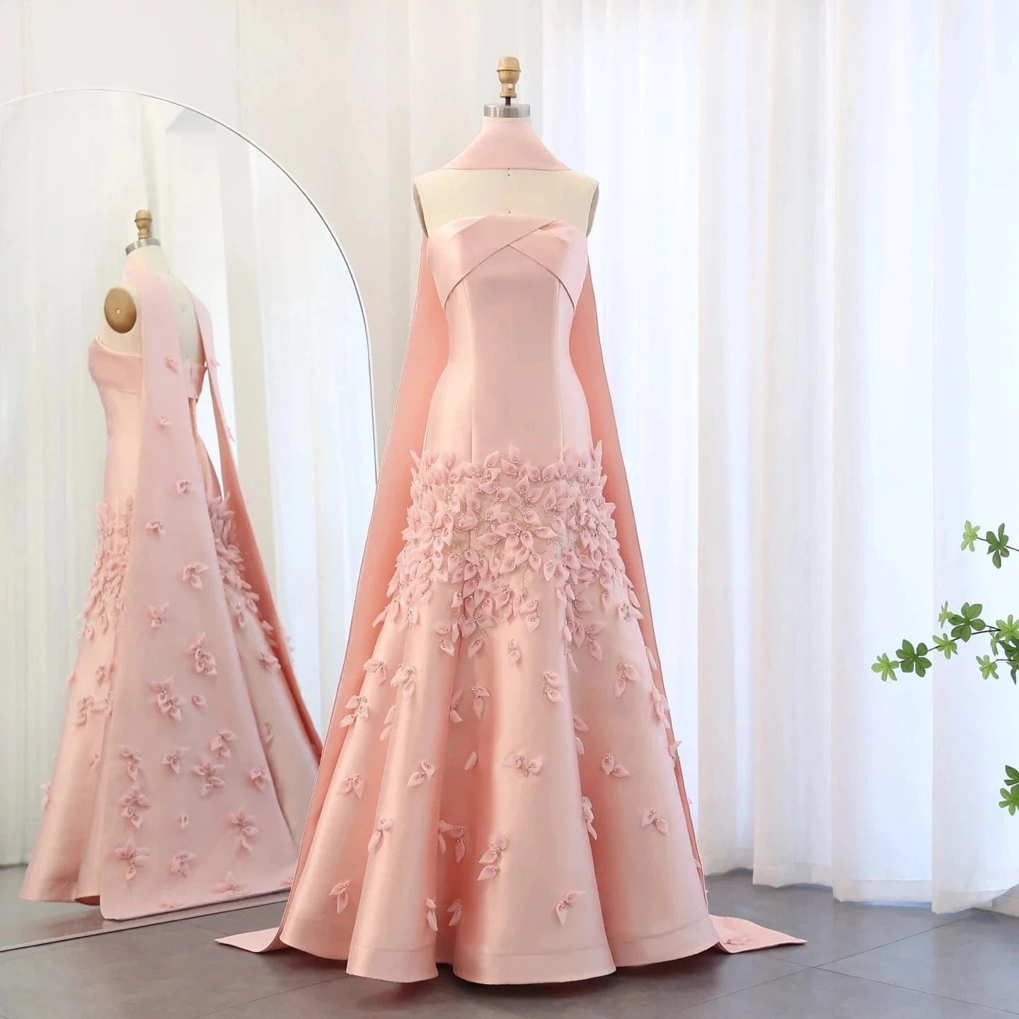 Luxury 3D Leaves Blush Pink Satin Mermaid Evening Dress With Cape Dubai Arabic Women Wedding Prom Party Gowns Sz463