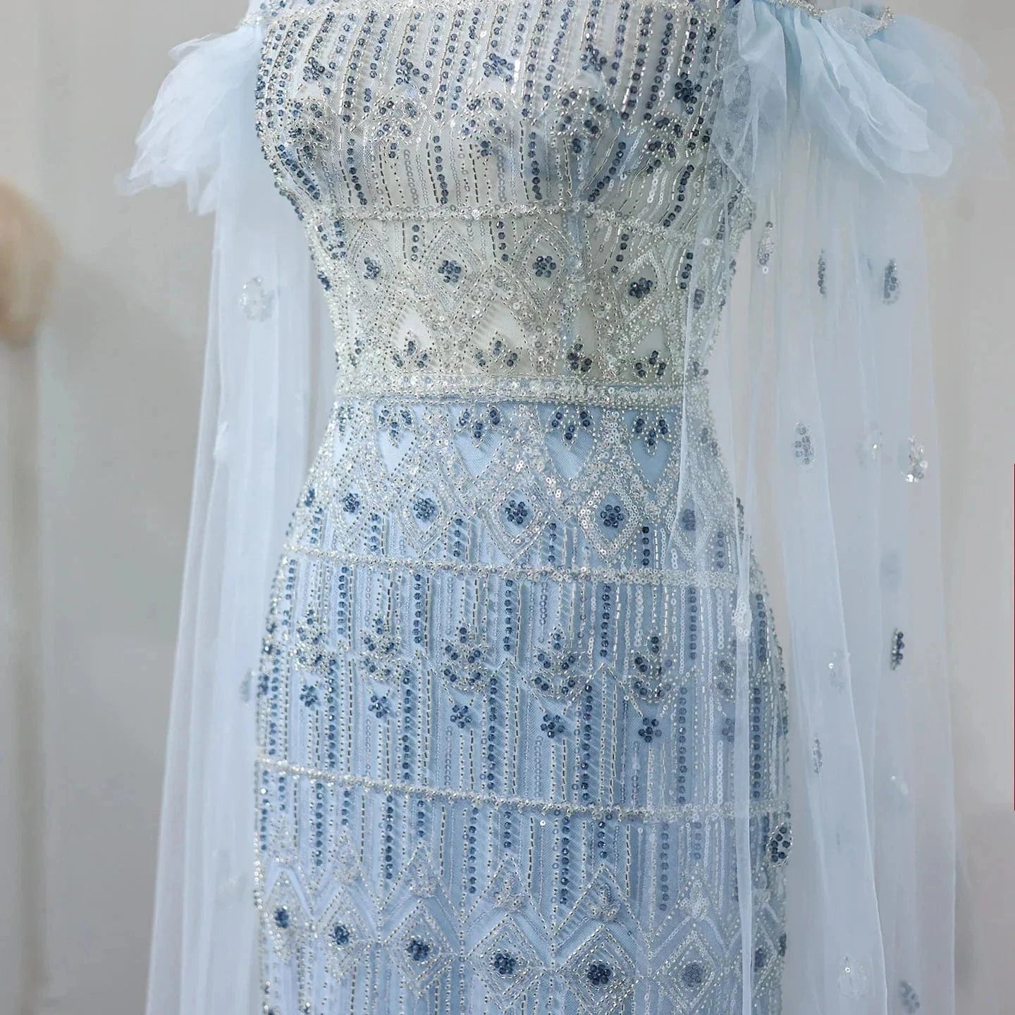 Luxury Arabic Light Blue Mermaid Evening Dress With Cape Sleeves Elegant High Neck Women Wedding Party Gowns Sz096