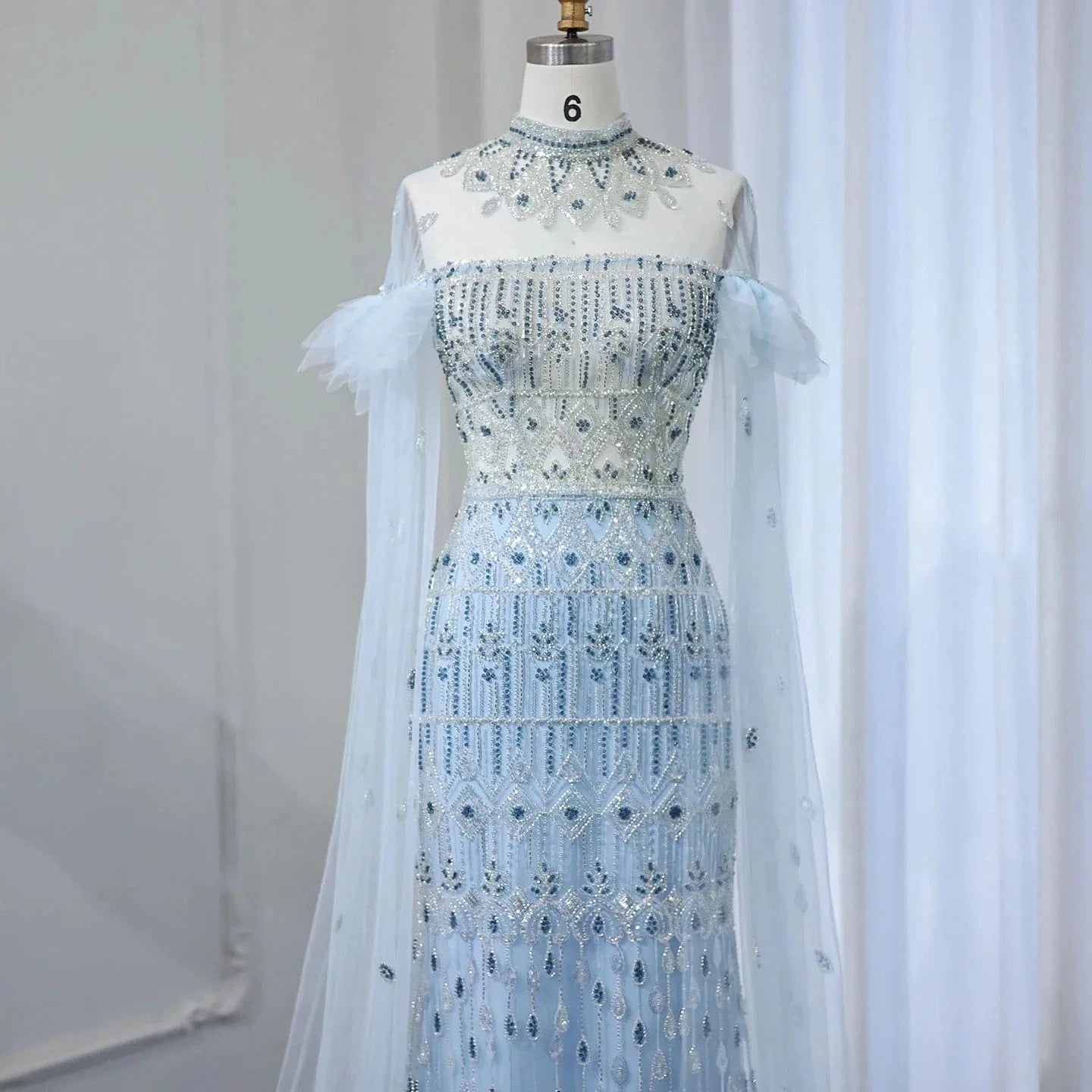 Luxury Arabic Light Blue Mermaid Evening Dress With Cape Sleeves Elegant High Neck Women Wedding Party Gowns Sz096