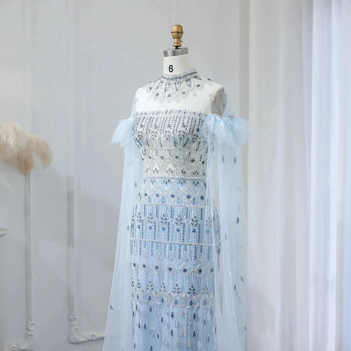 Luxury Arabic Light Blue Mermaid Evening Dress With Cape Sleeves Elegant High Neck Women Wedding Party Gowns Sz096