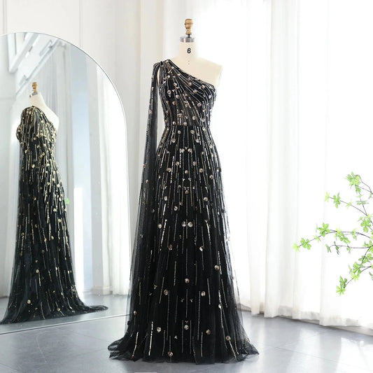 Luxury Beaded Black One Shoulder Evening Dresses with Cape Sleeve Sage Green Lilac Women Wedding Party Gowns SZ182