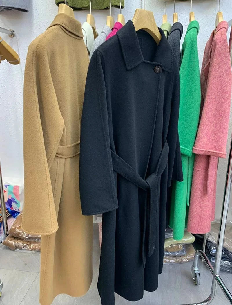 Luxury Belted Extra Long Cashmere Coats Elegant Oversized Women Cashmere Coats