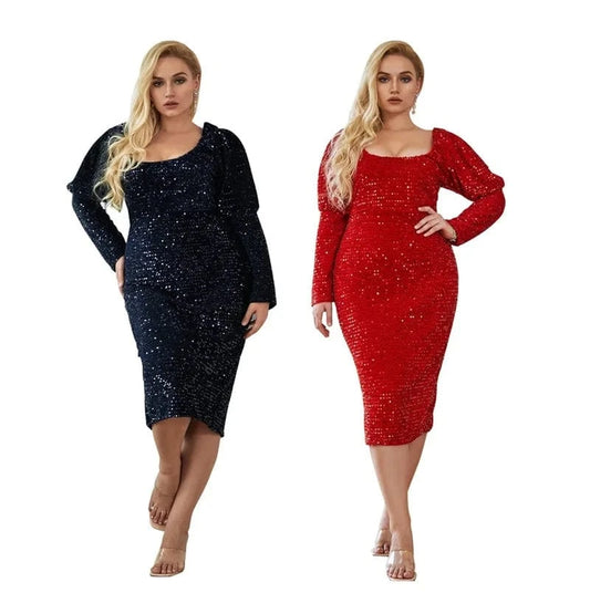 luxury big plus size women ladies birthday party sparkly sequin red midi wedding evening dress 5XL elegant gown with sequins