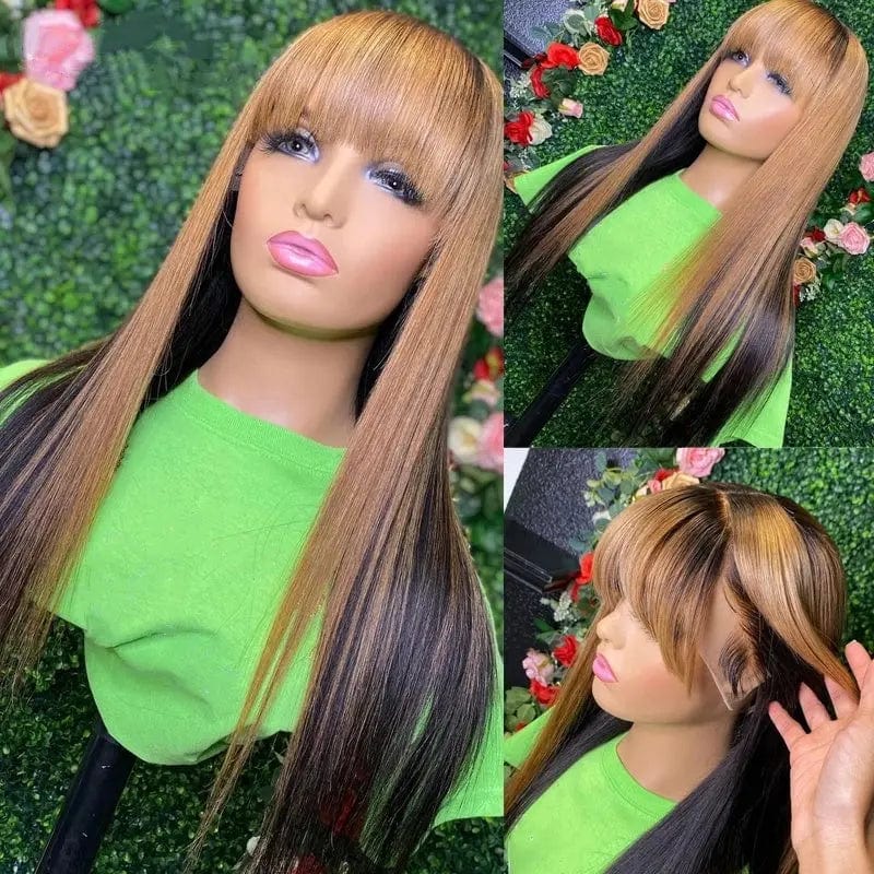 Luxury Bone Straight Hair Lace Front Wig Blonde Highlight Color Ombre Bang Fringe Remy Human Hair Lace Frontal Wigs For Women