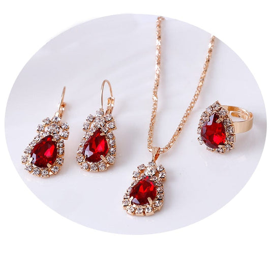 Luxury Bridal Jewelry Set  Red Green Blue Gemstone Water Drop Diamond Ring Necklace Earrings Jewelry Sets