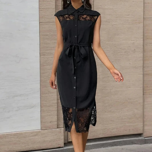 Luxury Casual Elegant Midi Dresses Women Contrast Lace Cut Out Belted Shirt Dress