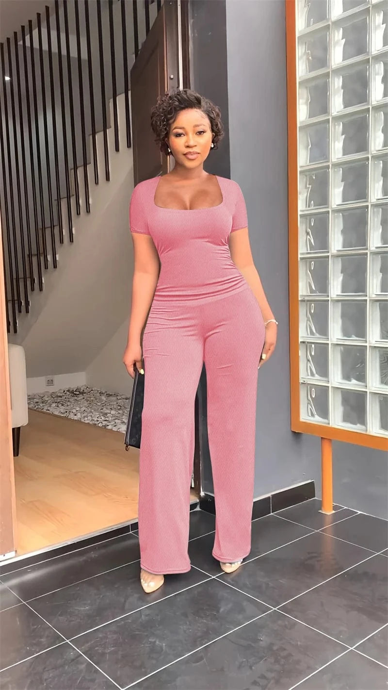 luxury casual rib knit loungewear women 2pc one sets women knitted square collar 2 piece short sleeve t shirt and long pants set