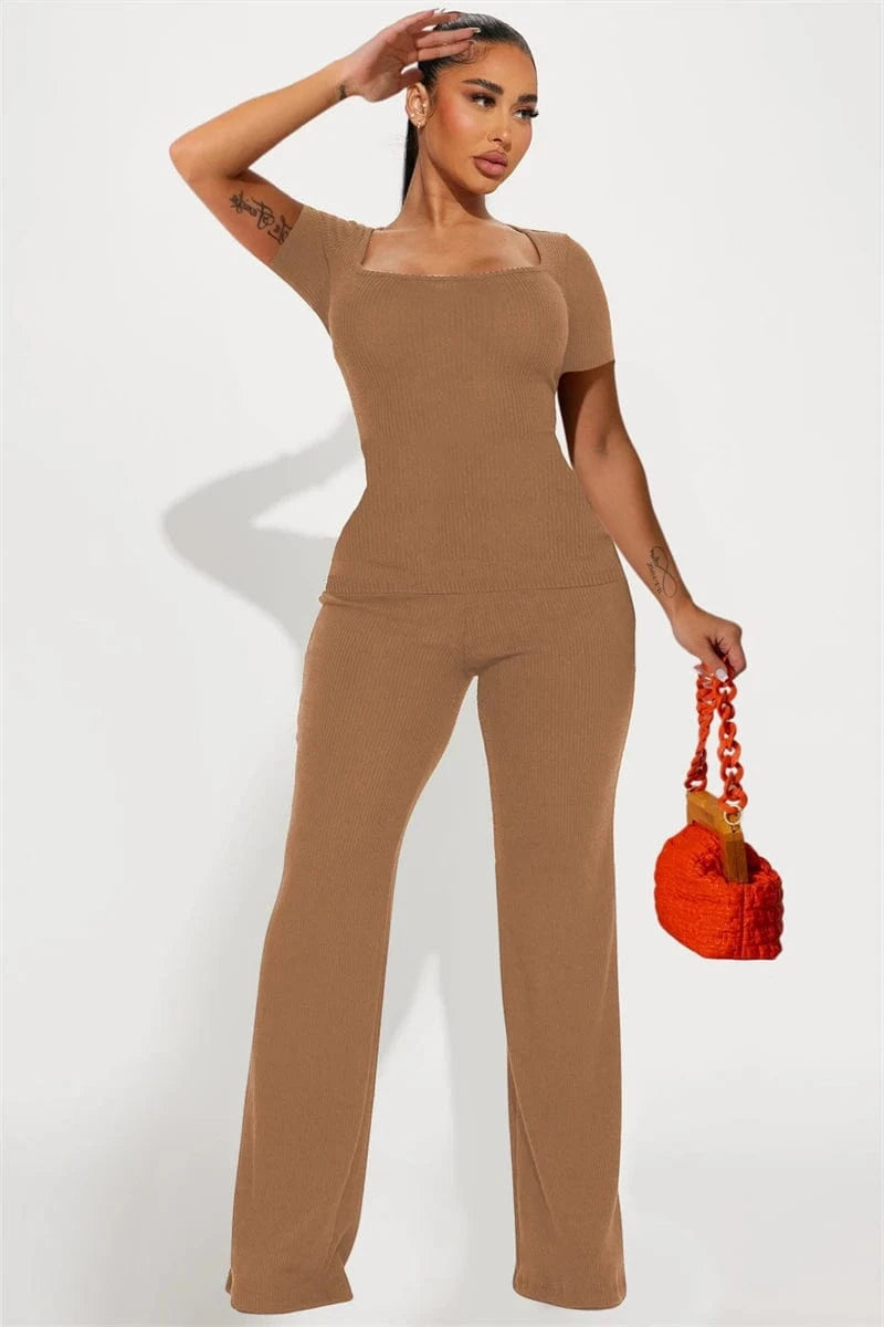 luxury casual rib knit loungewear women 2pc one sets women knitted square collar 2 piece short sleeve t shirt and long pants set