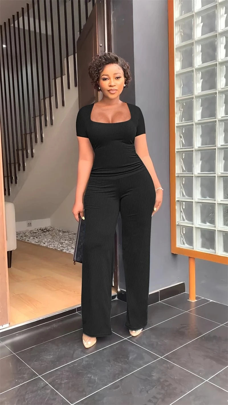 luxury casual rib knit loungewear women 2pc one sets women knitted square collar 2 piece short sleeve t shirt and long pants set