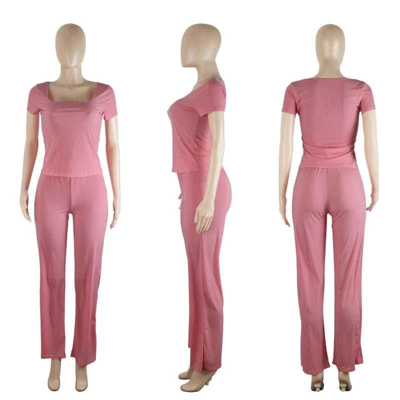 luxury casual rib knit loungewear women 2pc one sets women knitted square collar 2 piece short sleeve t shirt and long pants set