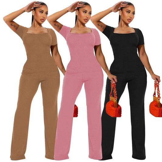 luxury casual rib knit loungewear women 2pc one sets women knitted square collar 2 piece short sleeve t shirt and long pants set