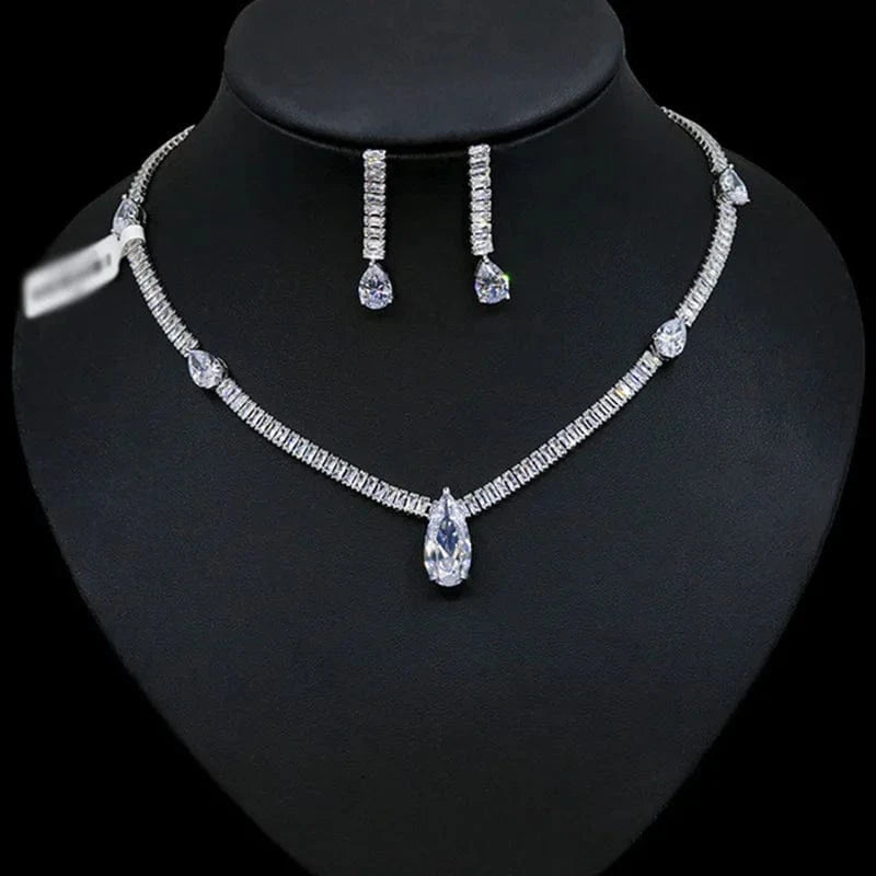 Luxury Colorful Zircon Water Drop Charm Necklace Silver Needle Drop Earring Women Fashion Bridal Wedding Jewelry Set Mother Gift