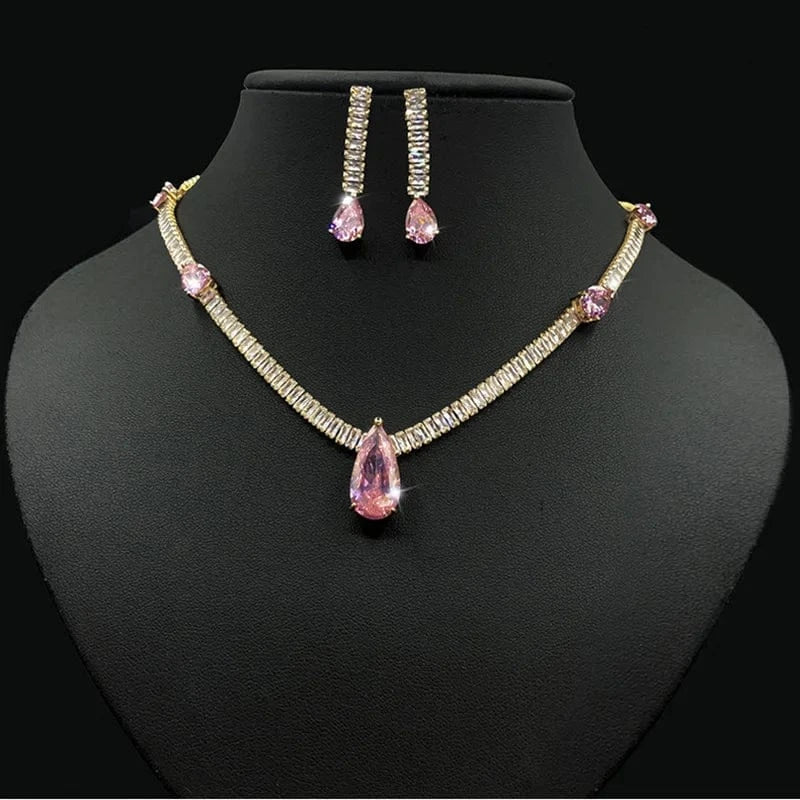 Luxury Colorful Zircon Water Drop Charm Necklace Silver Needle Drop Earring Women Fashion Bridal Wedding Jewelry Set Mother Gift