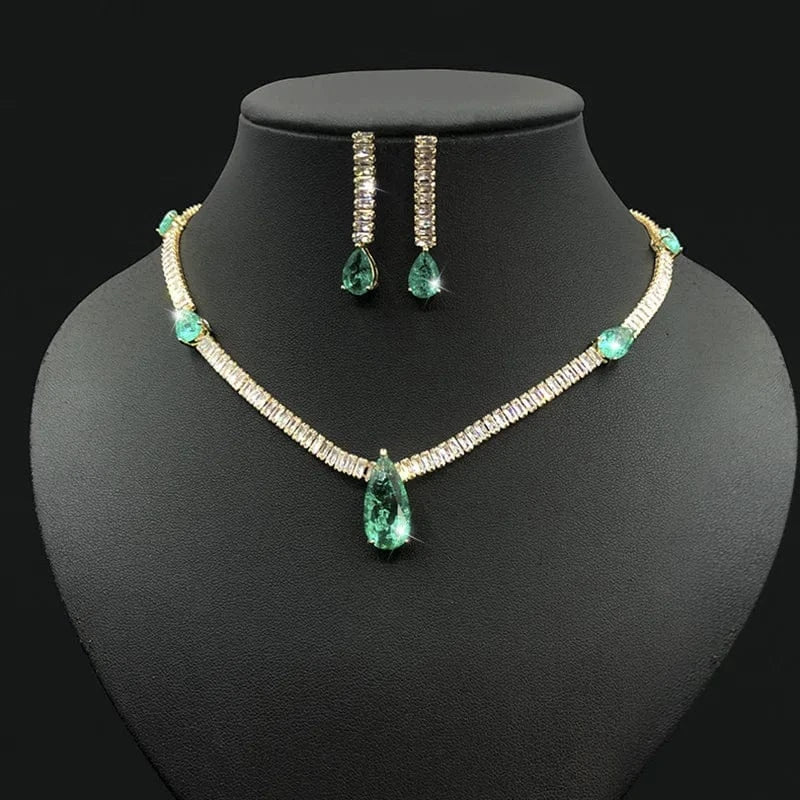 Luxury Colorful Zircon Water Drop Charm Necklace Silver Needle Drop Earring Women Fashion Bridal Wedding Jewelry Set Mother Gift