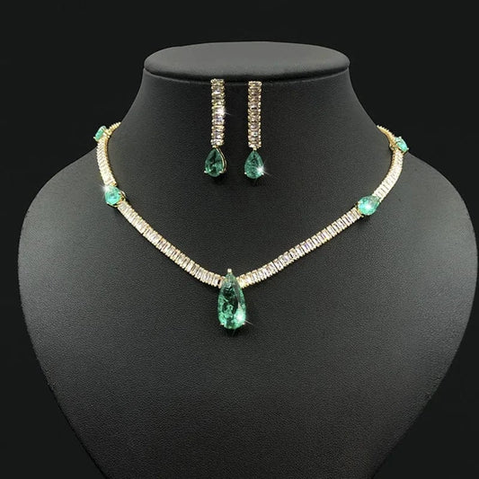 Luxury Colorful Zircon Water Drop Charm Necklace Silver Needle Drop Earring Women Fashion Bridal Wedding Jewelry Set Mother Gift